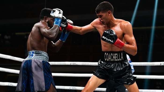 Sebastian Fundora lands a right hook on Erickson Lubin.  Fundora-Lubin was one of the most exciting fights of 2022 in Coachella, California on Apr 5, 2023, (Ryan Hafey/Premier Boxing Champions ) Sebastian Fundora lands a right hook on Erickson Lubin during their epic 2022 battle.  © Z News Inc.